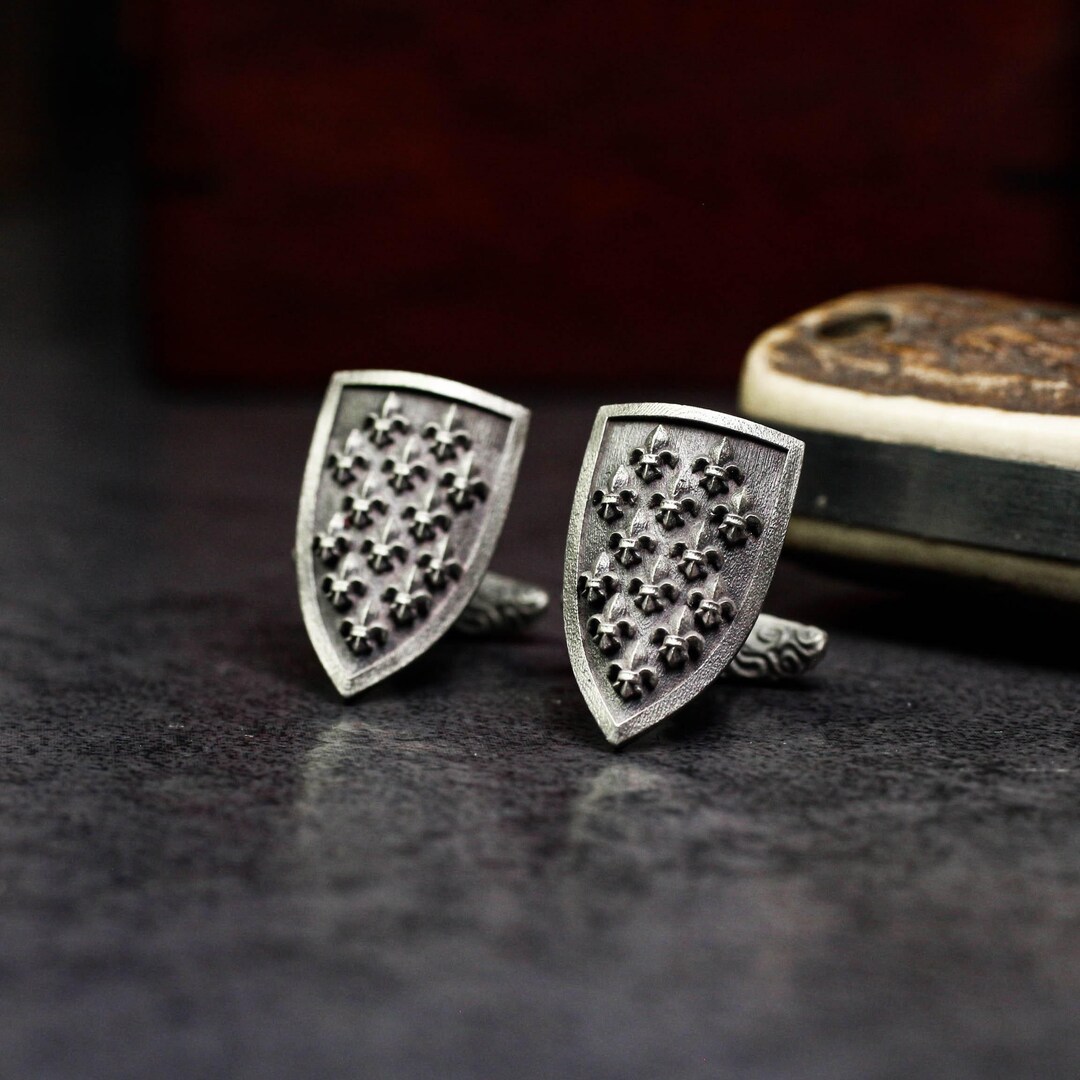 Iris Shield Cufflinks, Fleur de Lys Design 925 Sterling Silver Handmade MakerPlace by Michaels